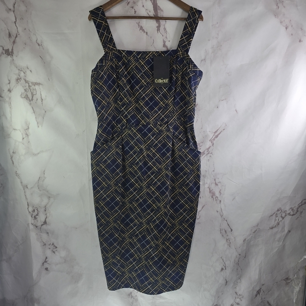 ModCloth Dress Womens 12 Large Blue Yellow Tess Hatch Tank Collectif Pin Up